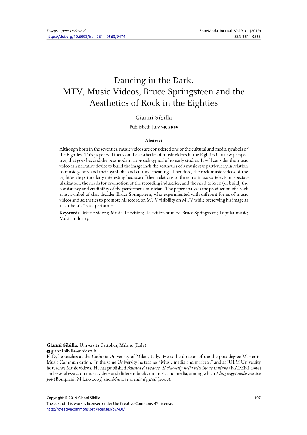 Dancing in the Dark. MTV, Music Videos, Bruce Springsteen and the Aesthetics of Rock in the Eighties