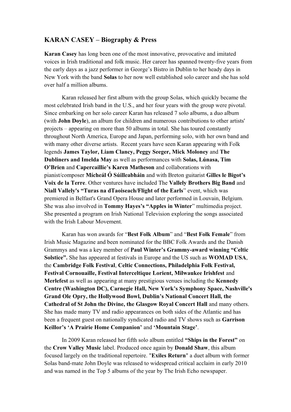 KARAN CASEY – Biography & Press