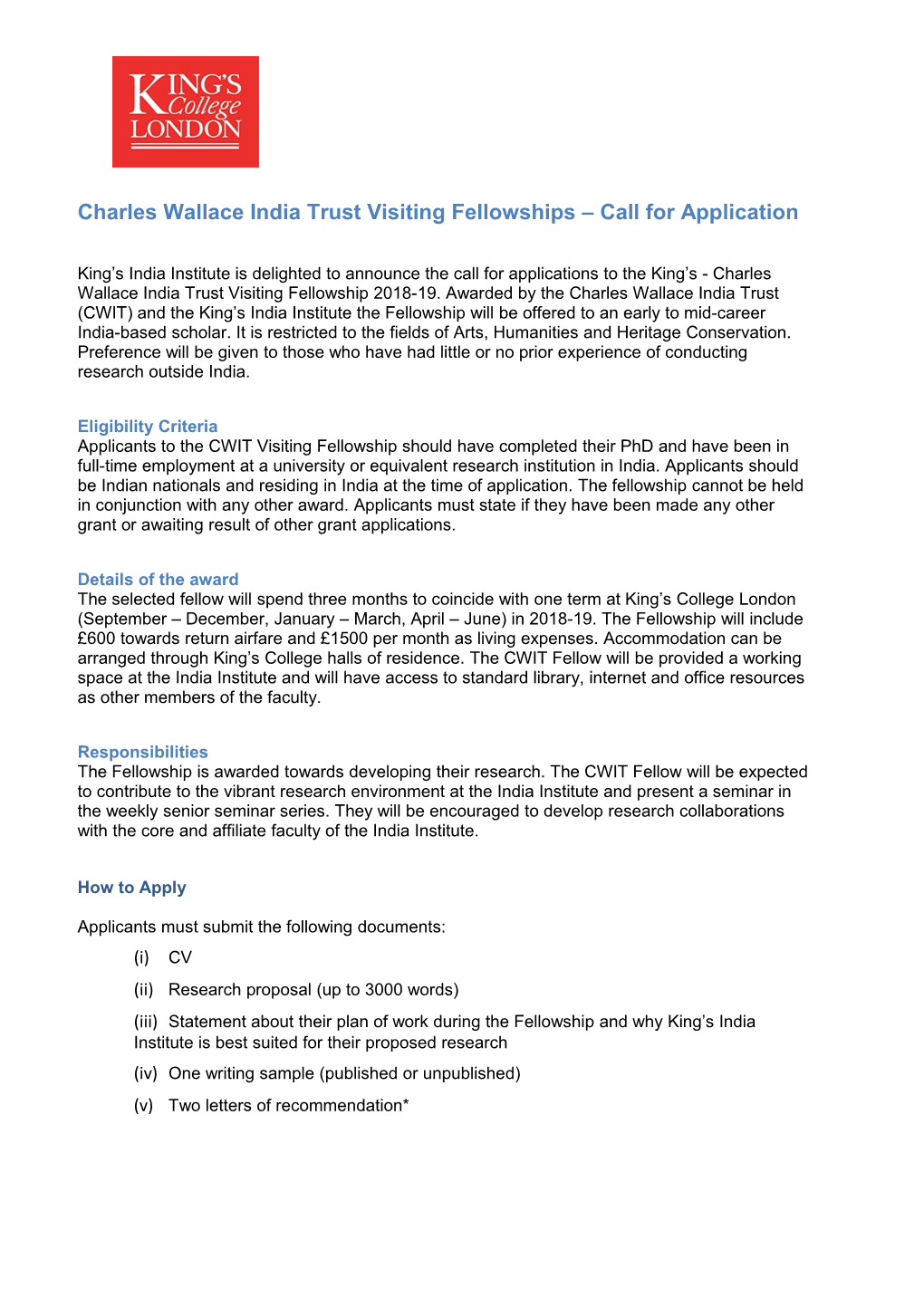 Charles Wallace India Trust Visiting Fellowships Call for Application