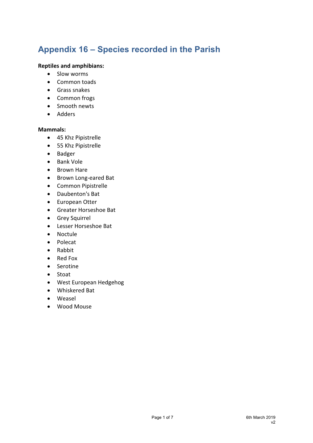 Appendix 16 – Species Recorded in the Parish