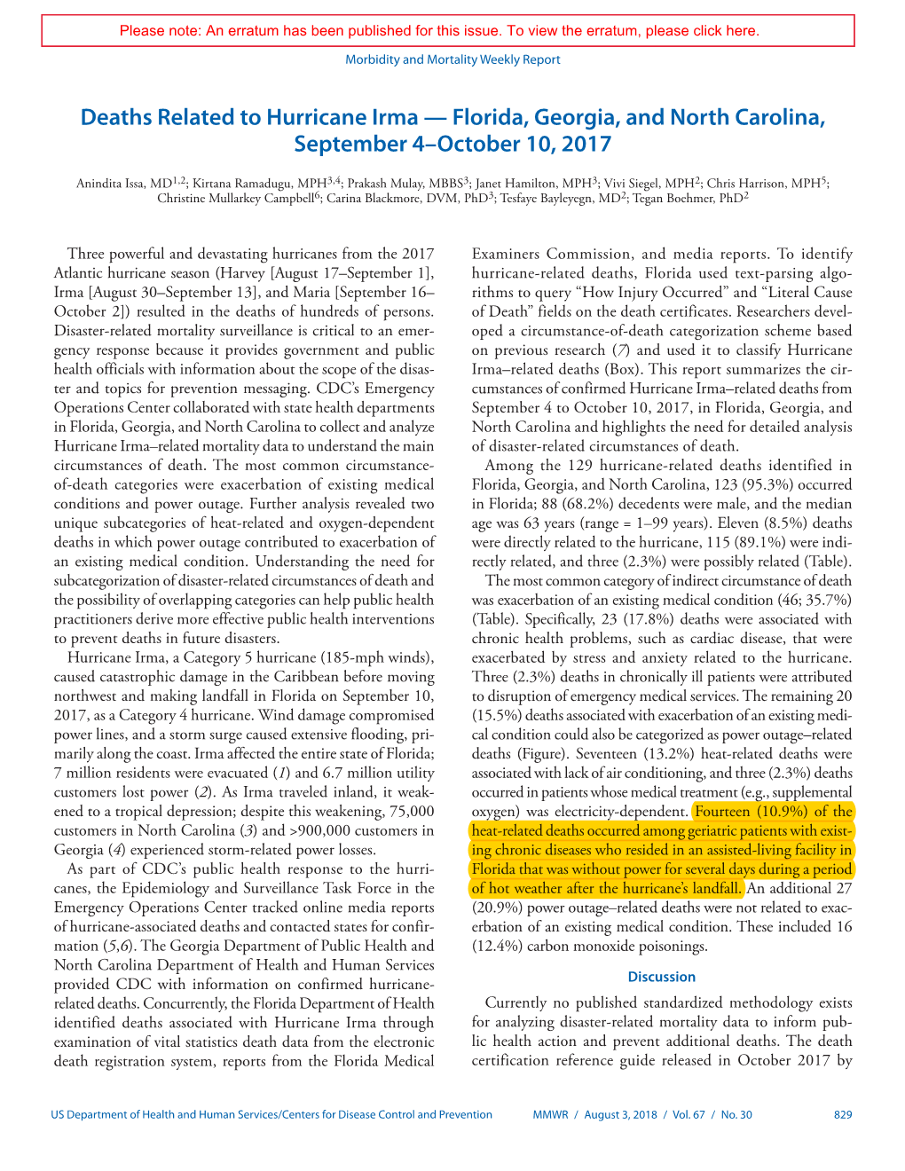 Deaths Related to Hurricane Irma — Florida, Georgia, and North Carolina, September 4–October 10, 2017