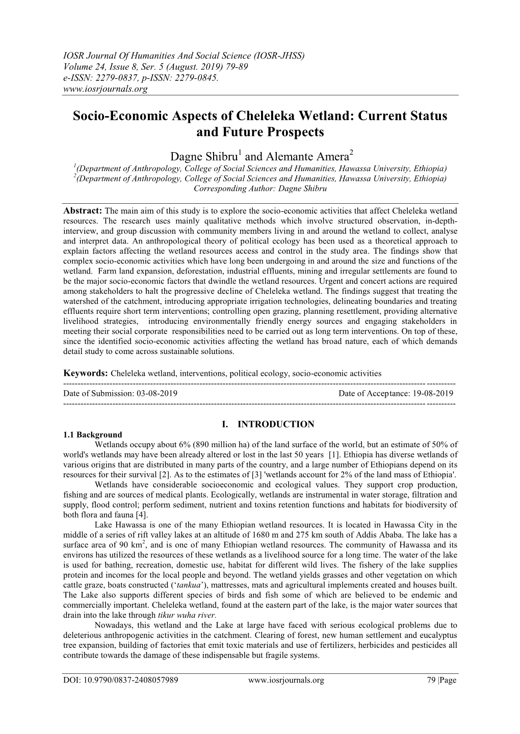 Socio-Economic Aspects of Cheleleka Wetland: Current Status and Future Prospects