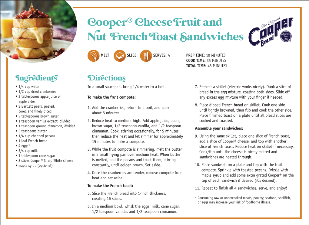Cooper® Cheese Fruit and Nut French Toast Sandwiches