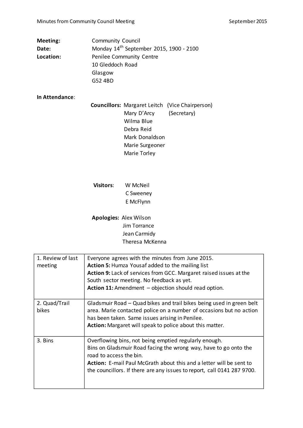 Community Council Date: Monday 14Th September 2015, 1900 - 2100 Location: Penilee Community Centre 10 Gleddoch Road Glasgow G52 4BD