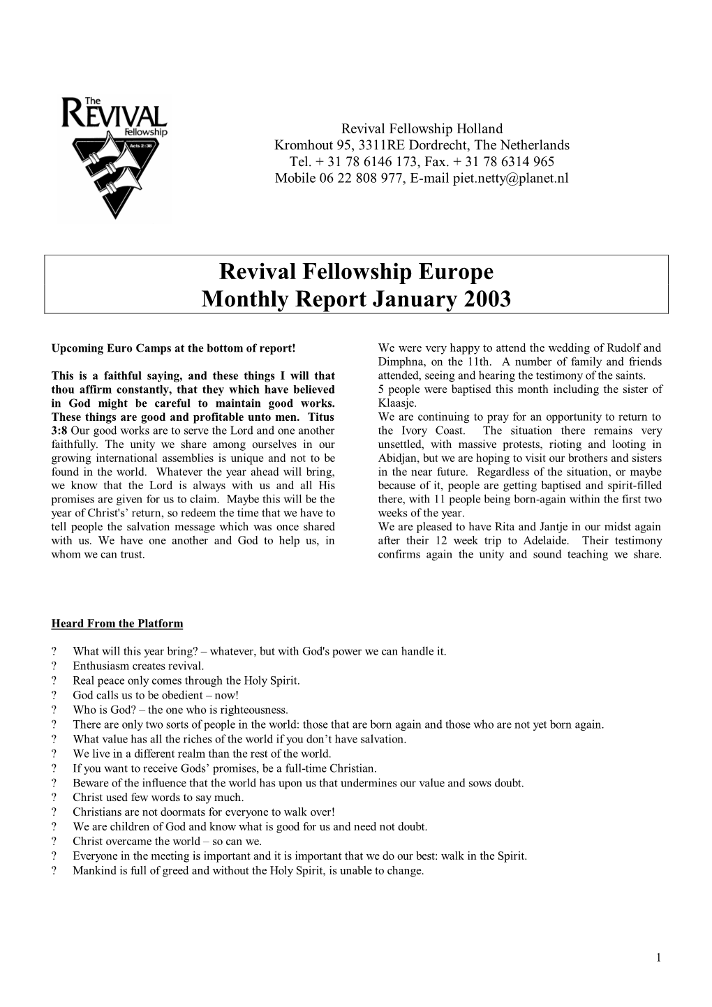 Revival Fellowship Europe Monthly Report January 2003