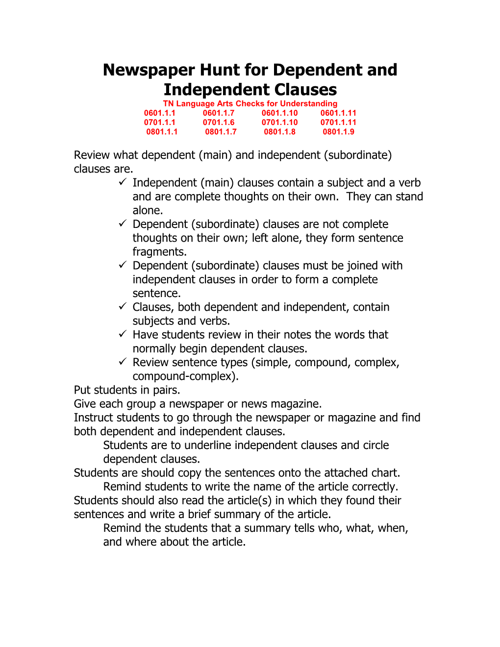 Newspaper Hunt for Dependent and Independent Clauses