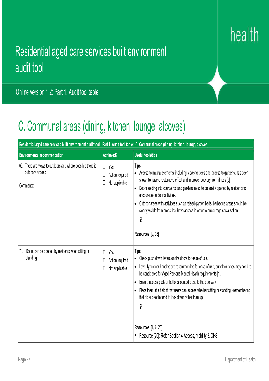 Residential Aged Care Services Built Environment Audit Tool