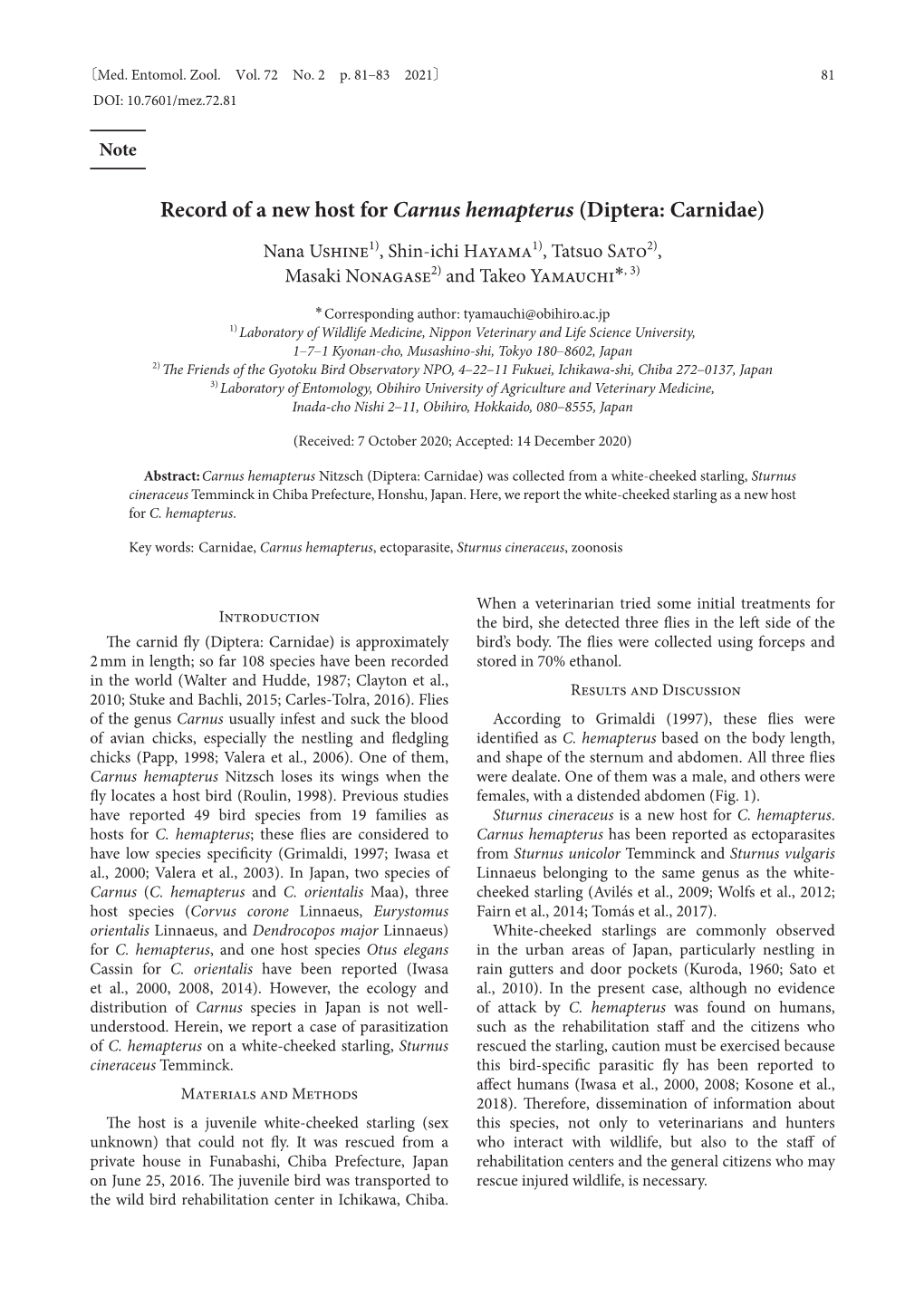 Record of a New Host for Carnus Hemapterus (Diptera: Carnidae)