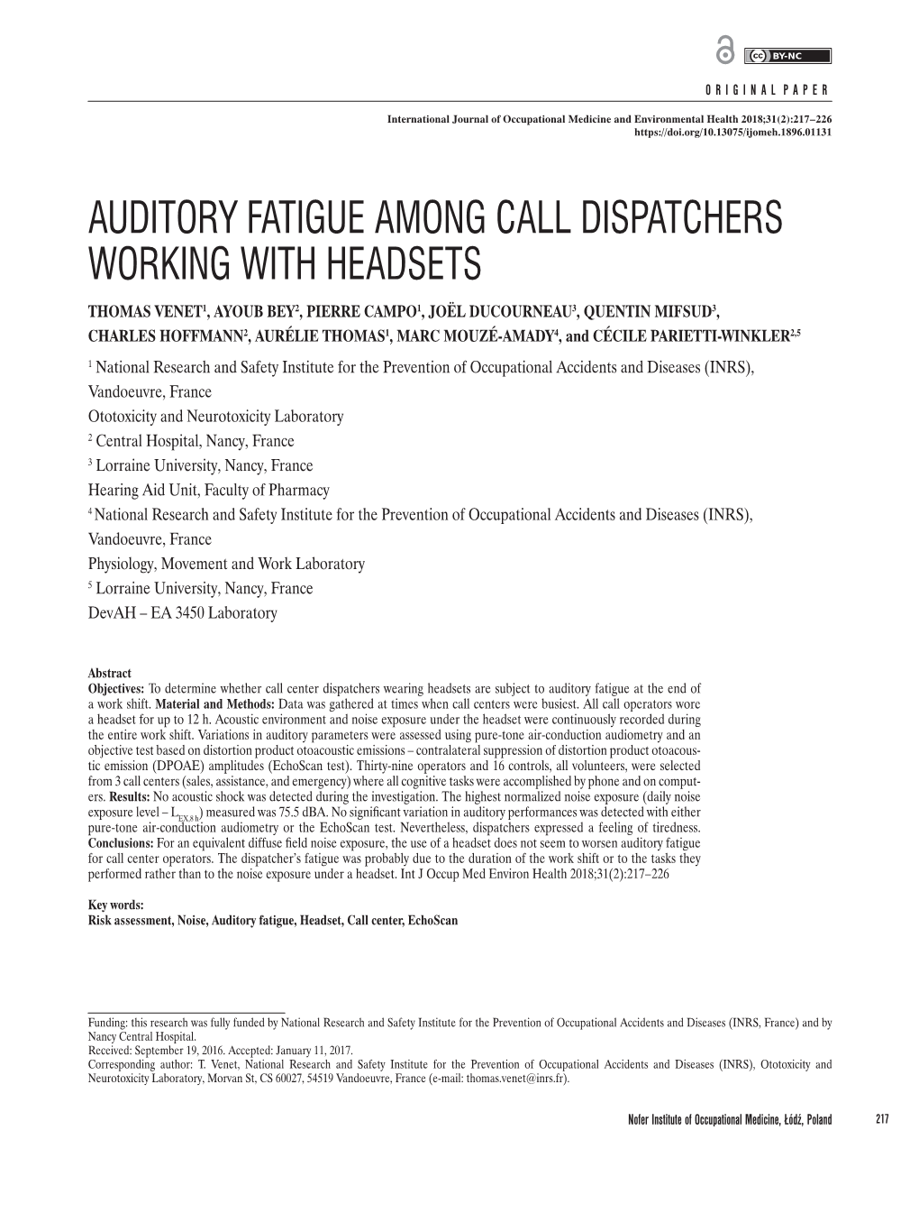 Auditory Fatigue Among Call Dispatchers Working with Headsets