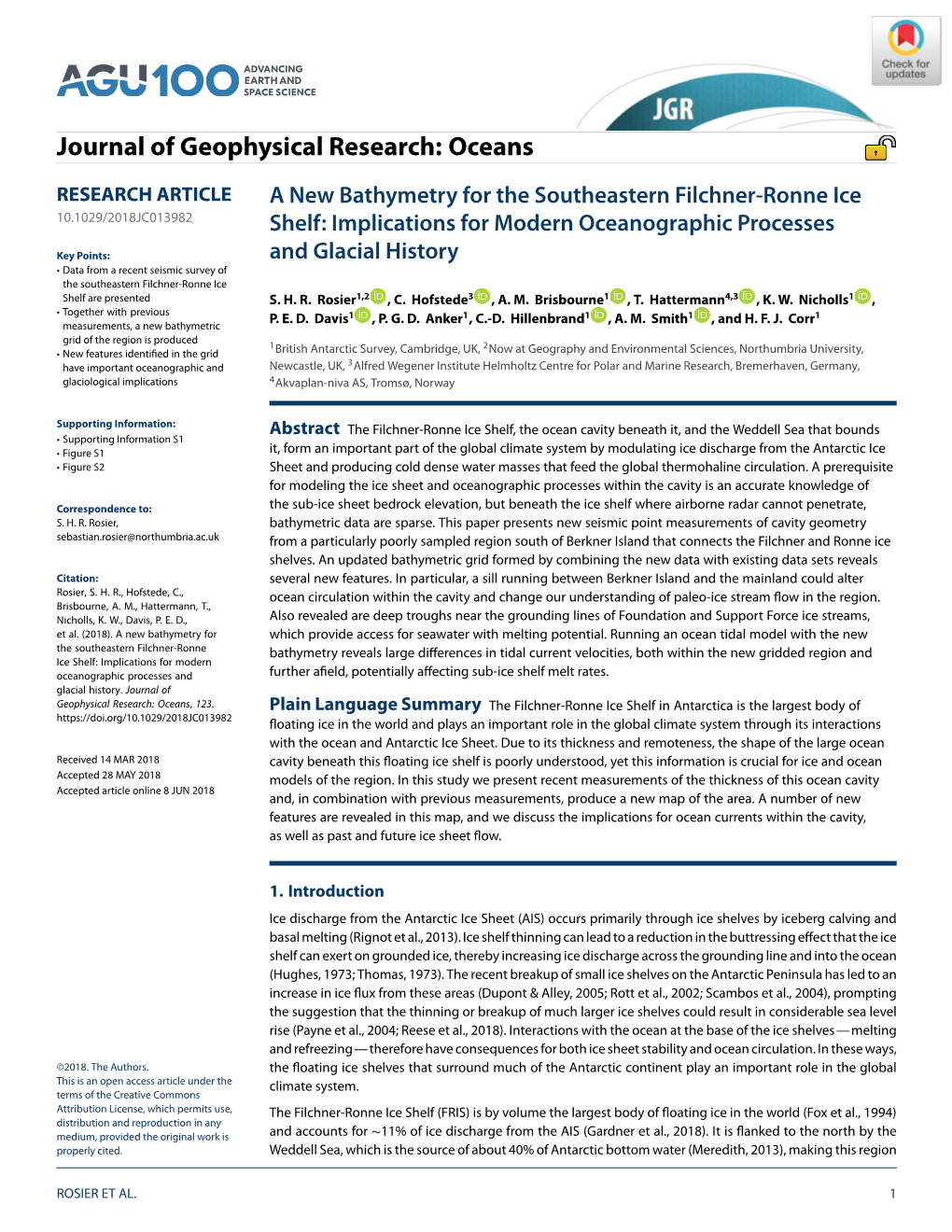 A New Bathymetry for the Southeastern Filchner-Ronne Ice 10.1029/2018JC013982 Shelf: Implications for Modern Oceanographic Processes