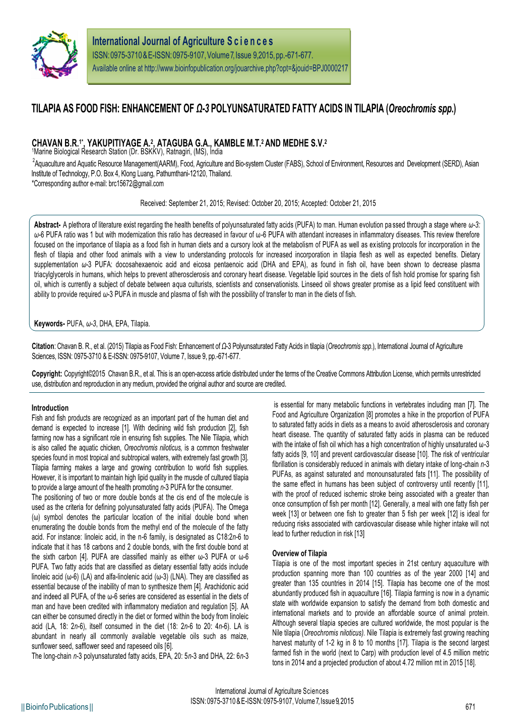 TILAPIA AS FOOD FISH: ENHANCEMENT of Ω-3 POLYUNSATURATED FATTY ACIDS in TILAPIA (Oreochromis Spp.)