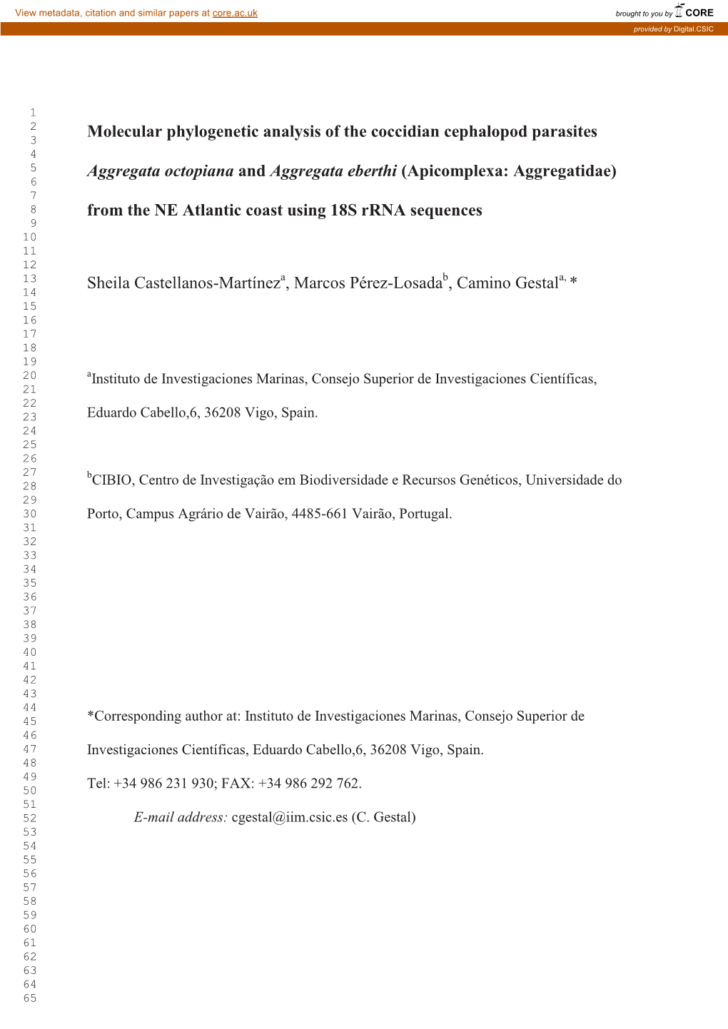 Molecular Phylogenetic Analysis of the Coccidian Cephalopod