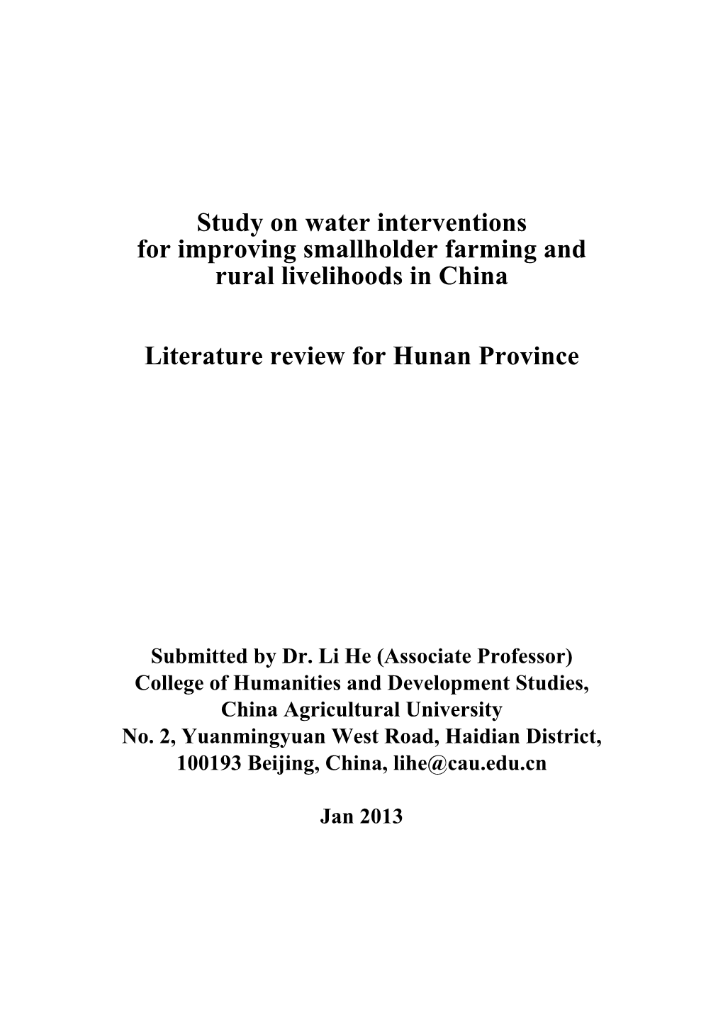 Study on Water Interventions for Improving Smallholder Farming and Rural Livelihoods in China