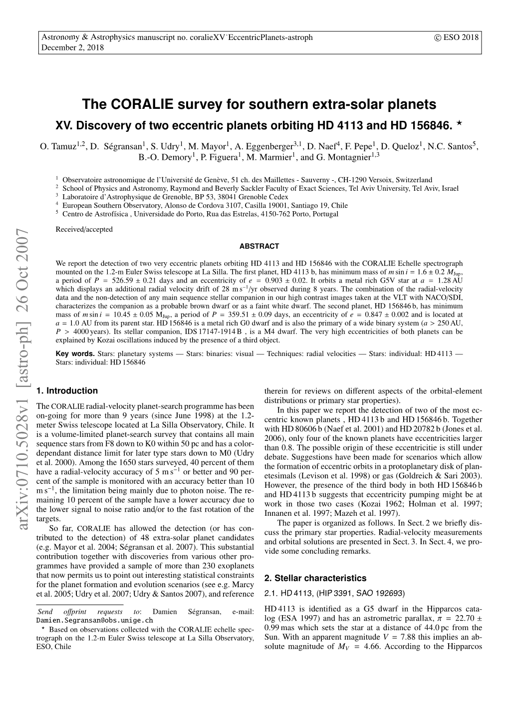 The CORALIE Survey for Southern Extra-Solar Planets XV. Discovery of Two Eccentric Planets Orbiting HD 4113 and HD 156846