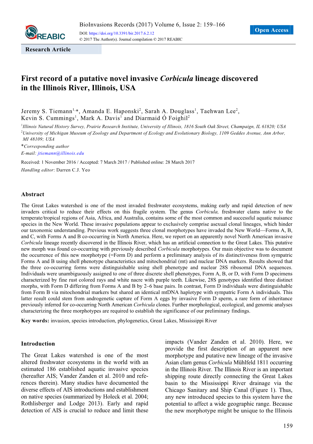 First Record of a Putative Novel Invasive Corbicula Lineage Discovered in the Illinois River, Illinois, USA