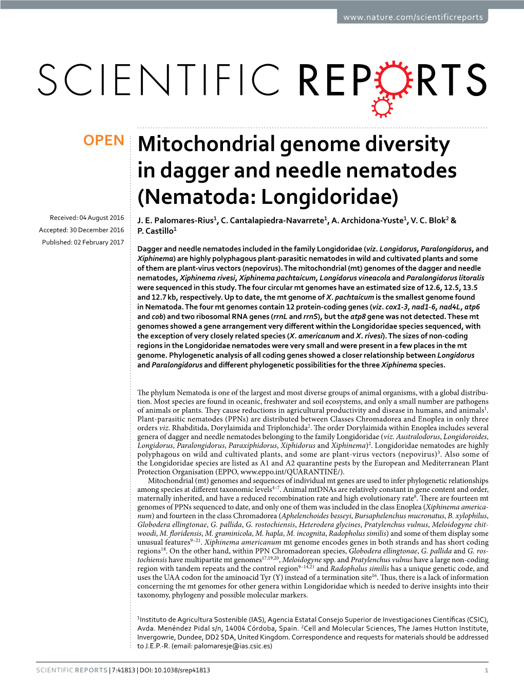 Mitochondrial Genome Diversity in Dagger and Needle Nematodes (Nematoda: Longidoridae) Received: 04 August 2016 J