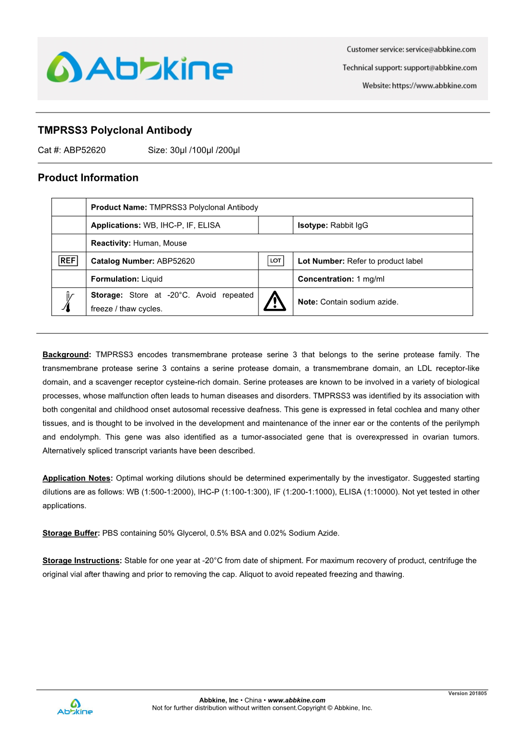 TMPRSS3 Polyclonal Antibody Product Information