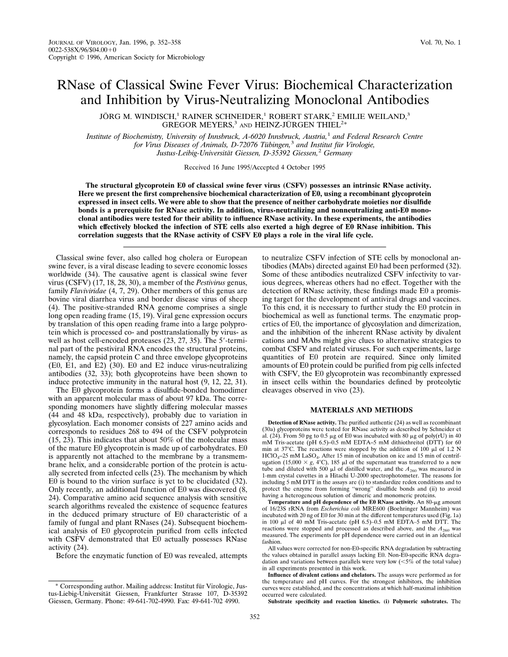 Rnase of Classical Swine Fever Virus: Biochemical Characterization and Inhibition by Virus-Neutralizing Monoclonal Antibodies JO¨ RG M