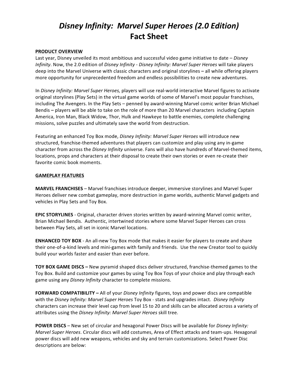 Disney Infinity: Marvel Super Heroes (2.0 Edition) Fact Sheet