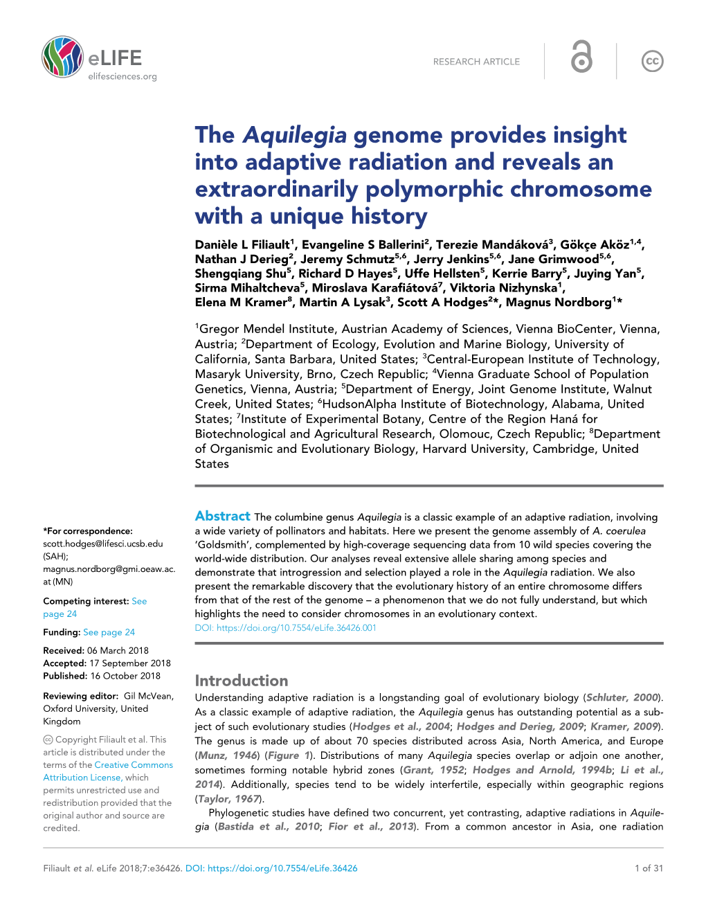 The Aquilegia Genome Provides Insight Into Adaptive Radiation and Reveals an Extraordinarily Polymorphic Chromosome with a Uniqu