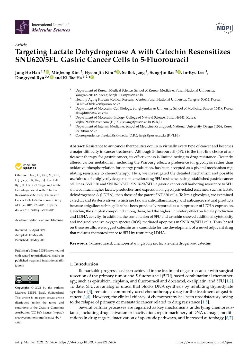 Targeting Lactate Dehydrogenase a with Catechin Resensitizes SNU620/5FU Gastric Cancer Cells to 5-Fluorouracil