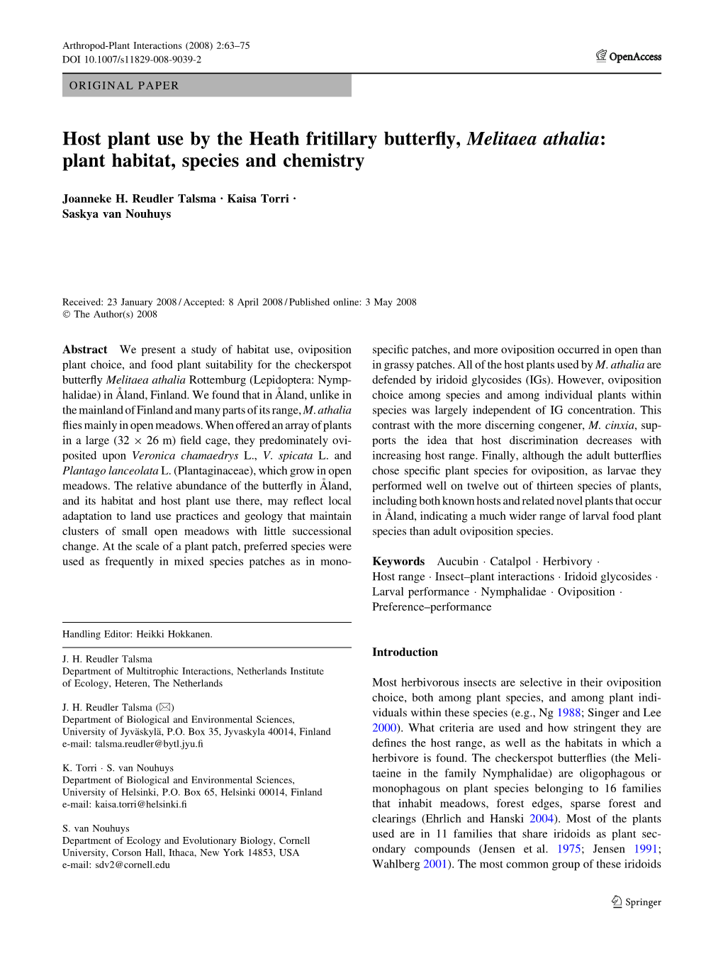 Host Plant Use by the Heath Fritillary Butterfly, Melitaea