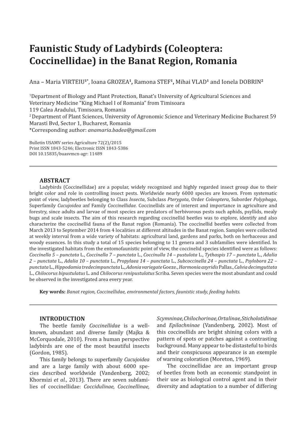 Faunistic Study of Ladybirds (Coleoptera: Coccinellidae) in the Banat Region, Romania