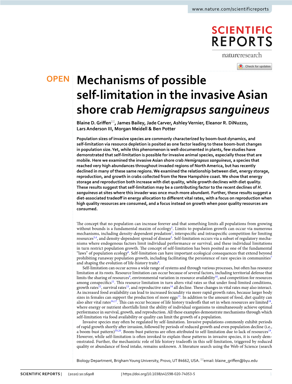 Mechanisms of Possible Self-Limitation in the Invasive Asian Shore Crab