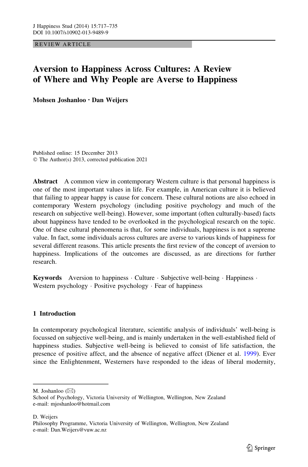 Aversion to Happiness Across Cultures: a Review of Where and Why People Are Averse to Happiness