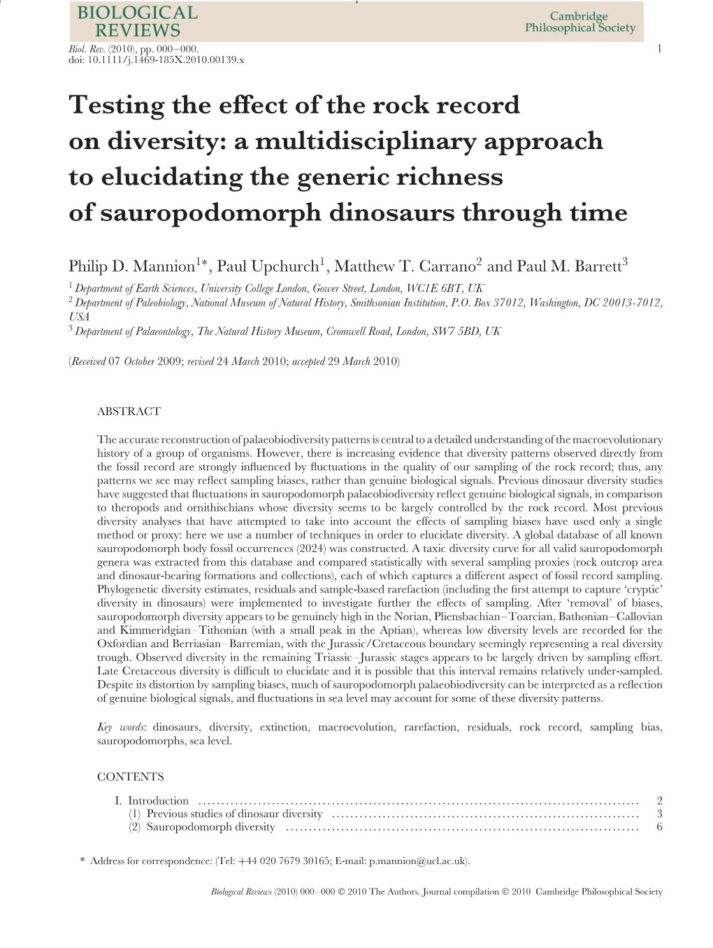 Testing the Effect of the Rock Record on Diversity: a Multidisciplinary Approach to Elucidating the Generic Richness of Sauropodomorph Dinosaurs Through Time