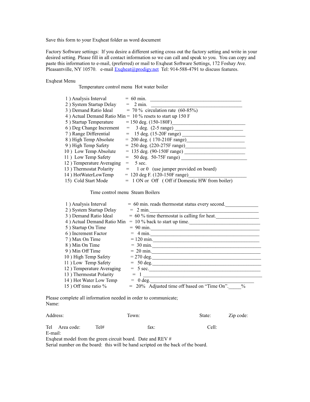 Factory Software Settings: If You Desire a Different Setting Cross out the Factory Setting