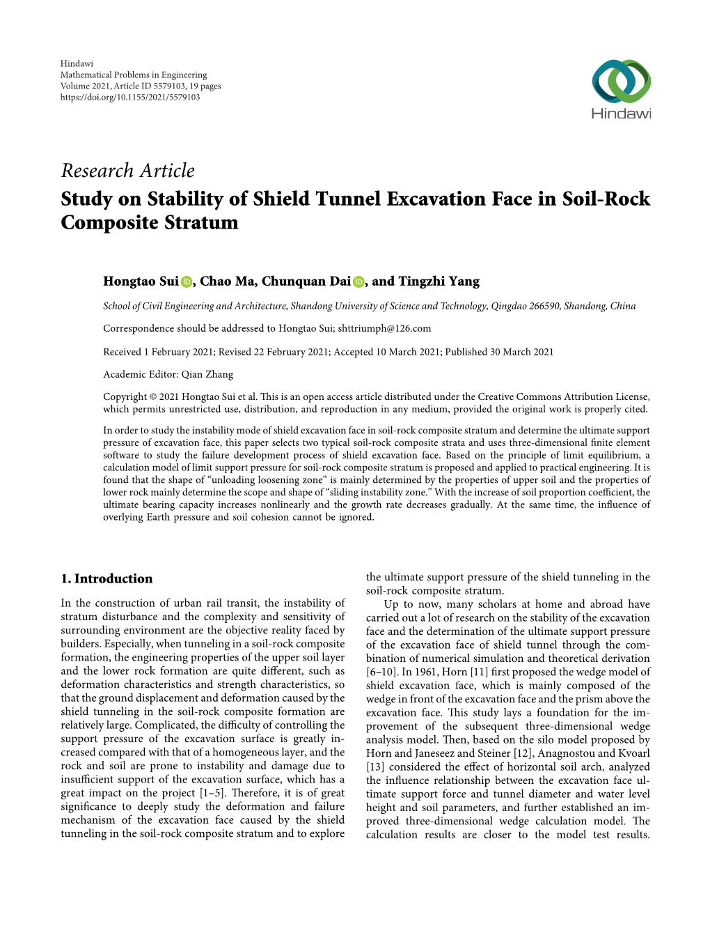 Study on Stability of Shield Tunnel Excavation Face in Soil-Rock Composite Stratum