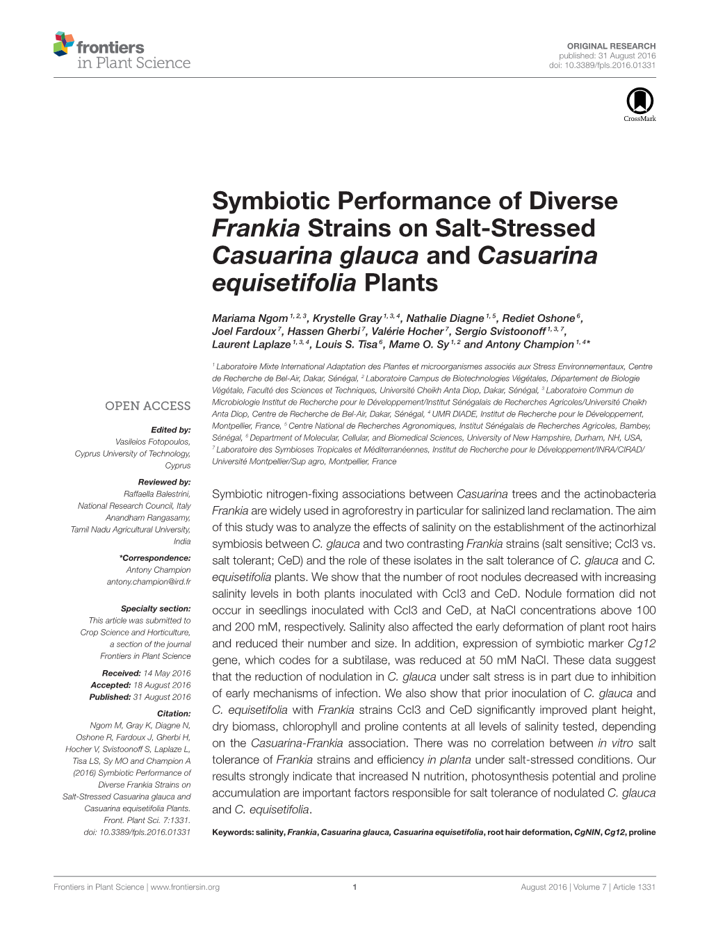 Symbiotic Performance of Diverse Frankia Strains on Salt-Stressed Casuarina Glauca and Casuarina Equisetifolia Plants