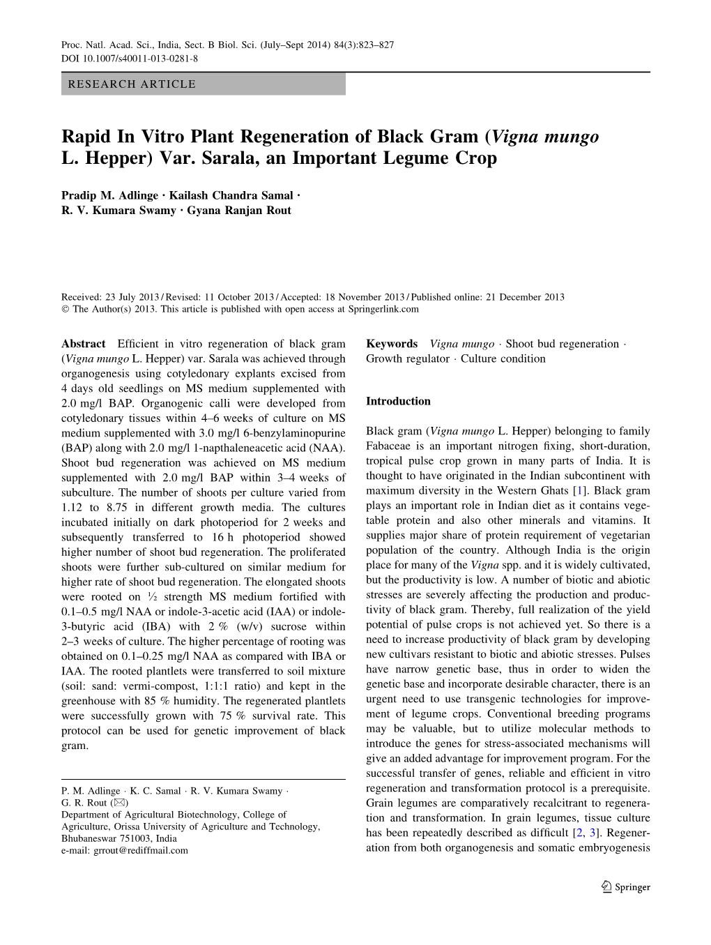 Rapid in Vitro Plant Regeneration of Black Gram (Vigna Mungo L. Hepper) Var