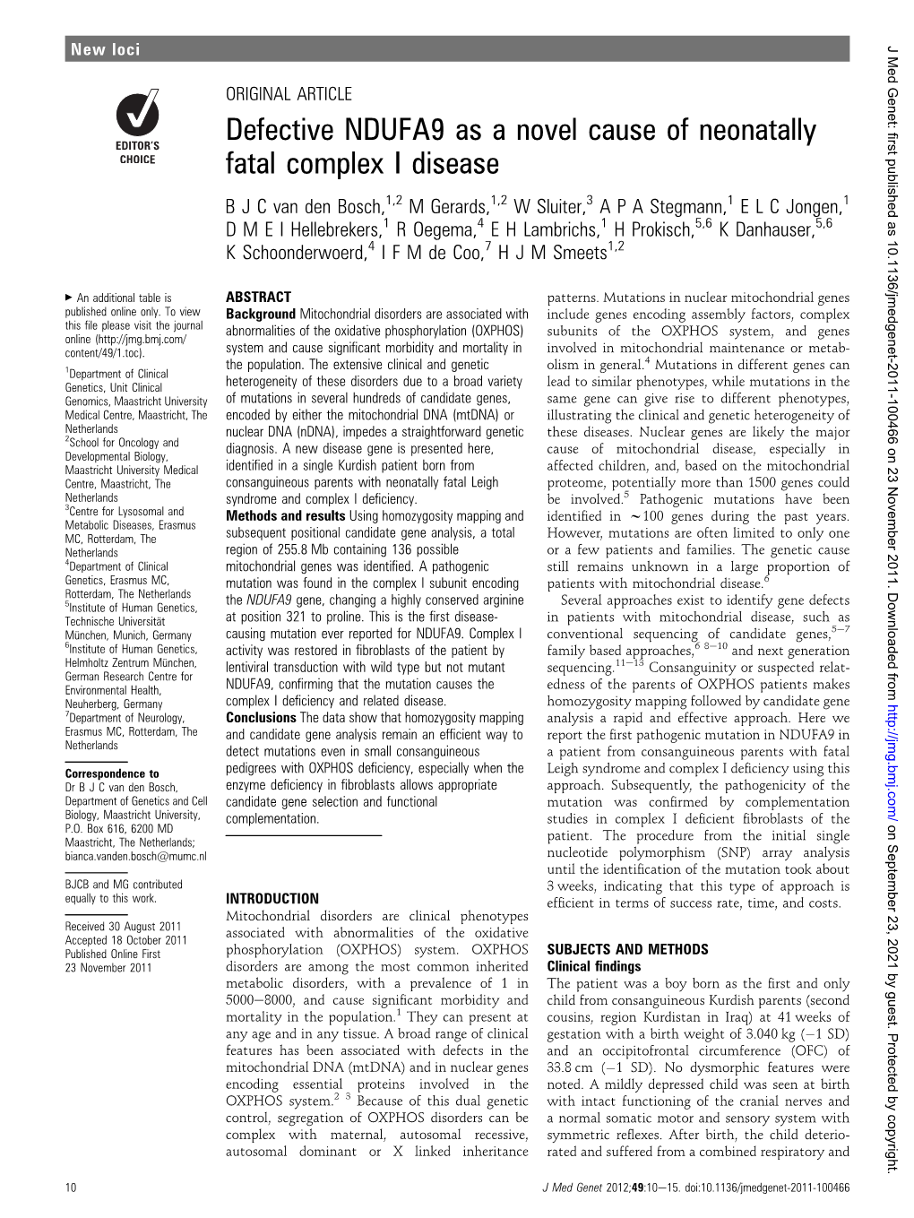 Defective NDUFA9 As a Novel Cause Of