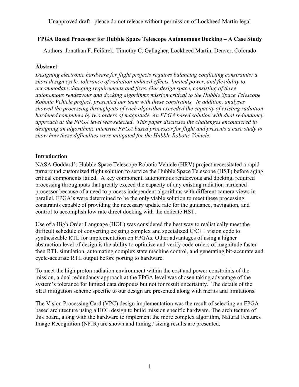 FPGA Based Processor for Hubble Space Telescope Autonomous Docking a Case Study