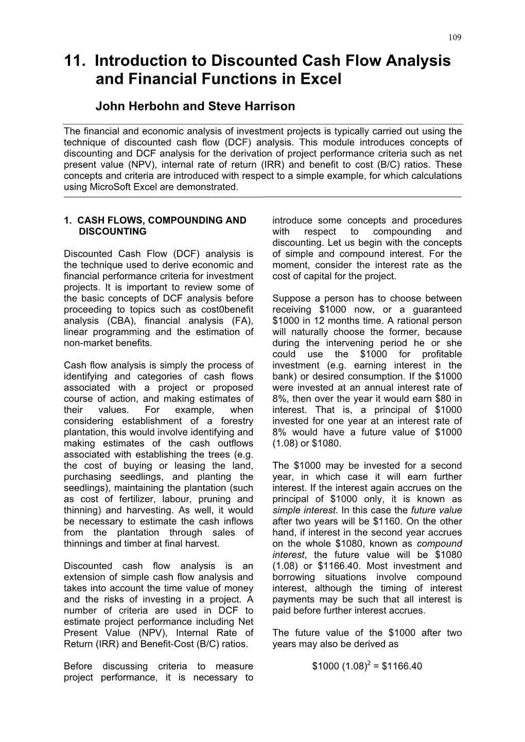 11. Introduction to Discounted Cash Flow Analysis and Financial Functions in Excel