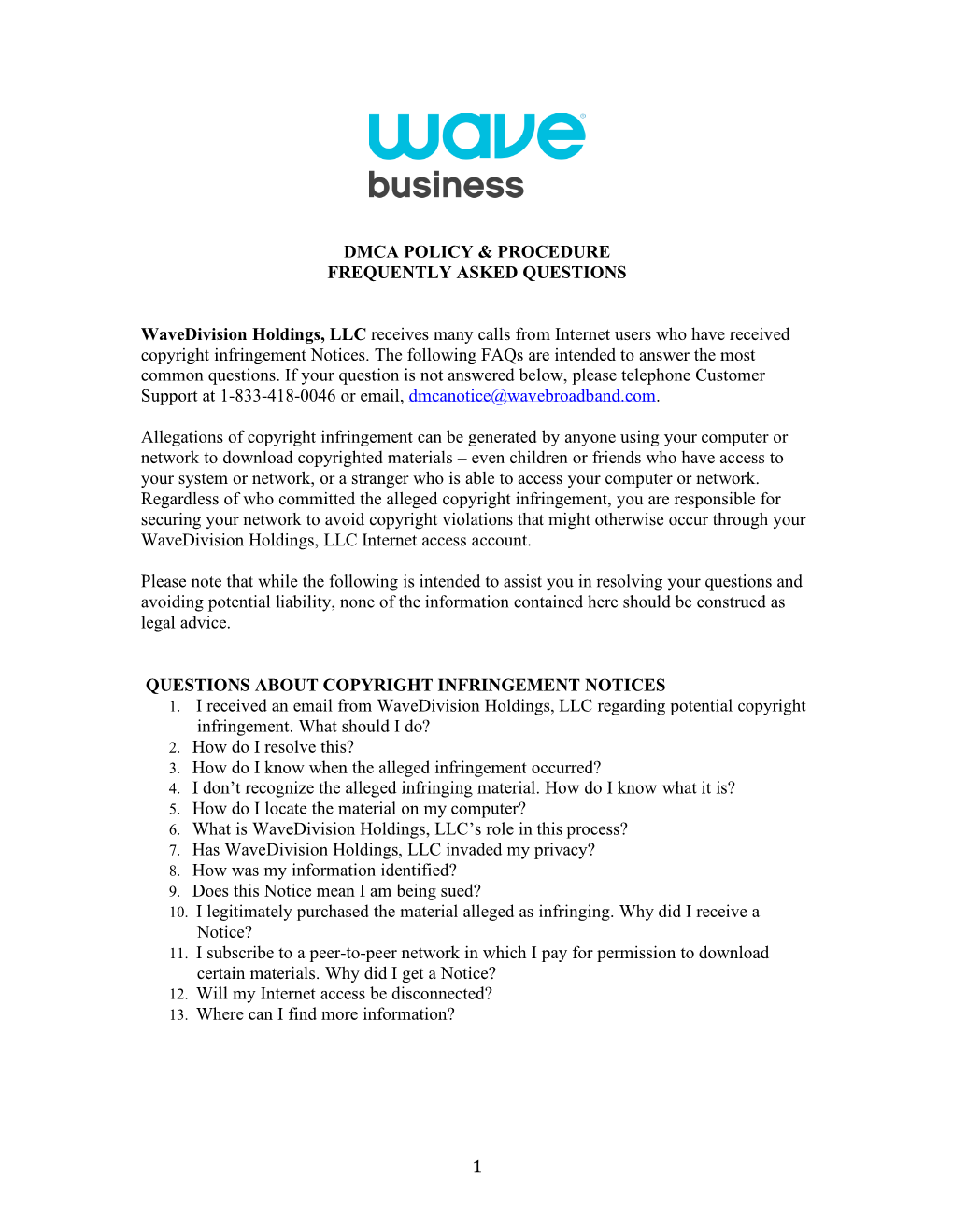 DMCA POLICY & PROCEDURE FREQUENTLY ASKED QUESTIONS Wavedivision Holdings, LLC Receives Many Calls from Internet Users Who H