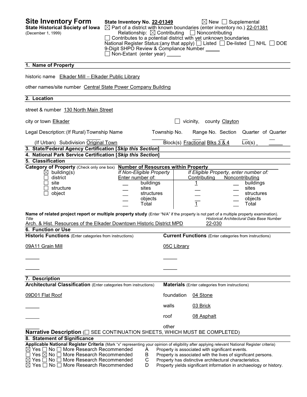 Site Inventory Form State Inventory No