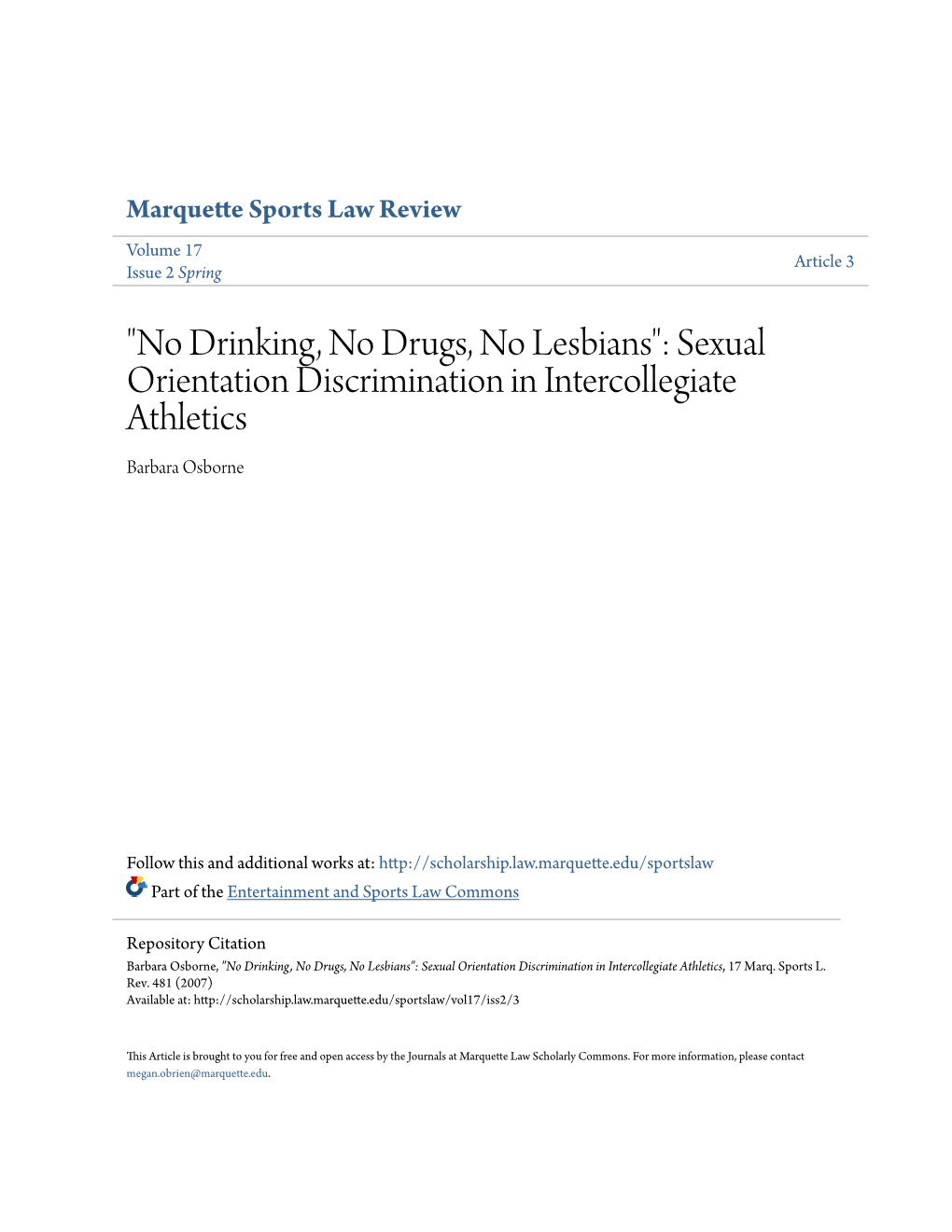 Sexual Orientation Discrimination in Intercollegiate Athletics Barbara Osborne