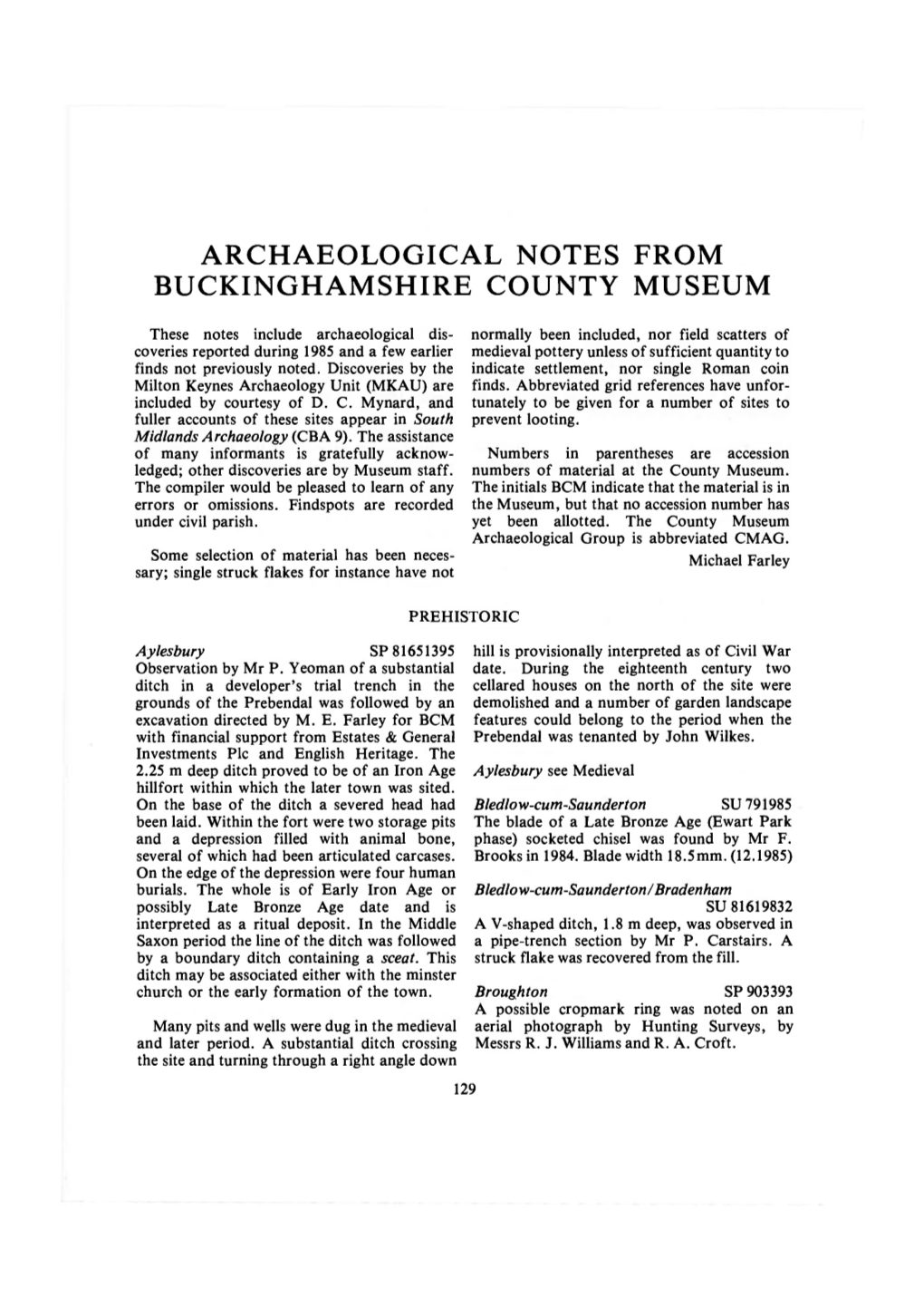 Archaeological Notes from Buckinghamshire County Museum