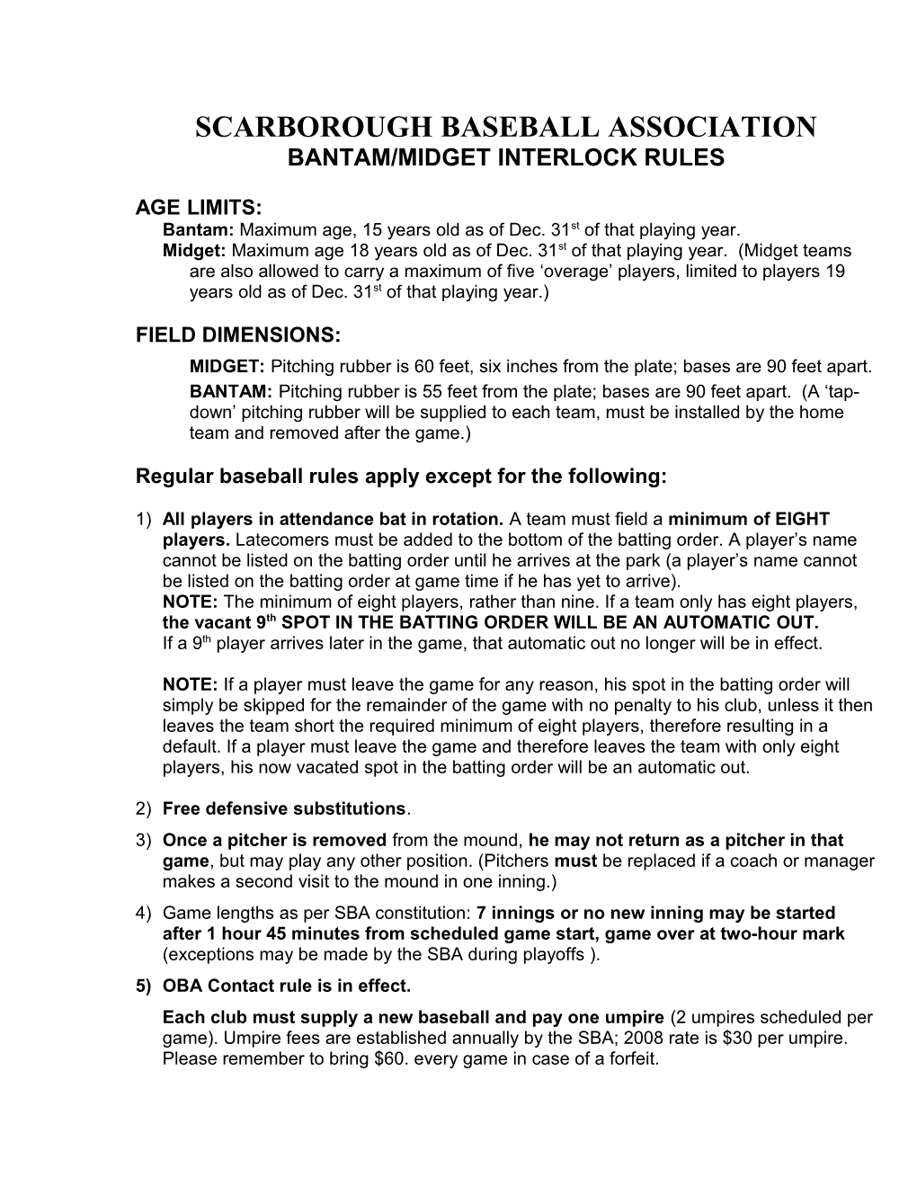 Sba Bantam/Midget Interlock Rules