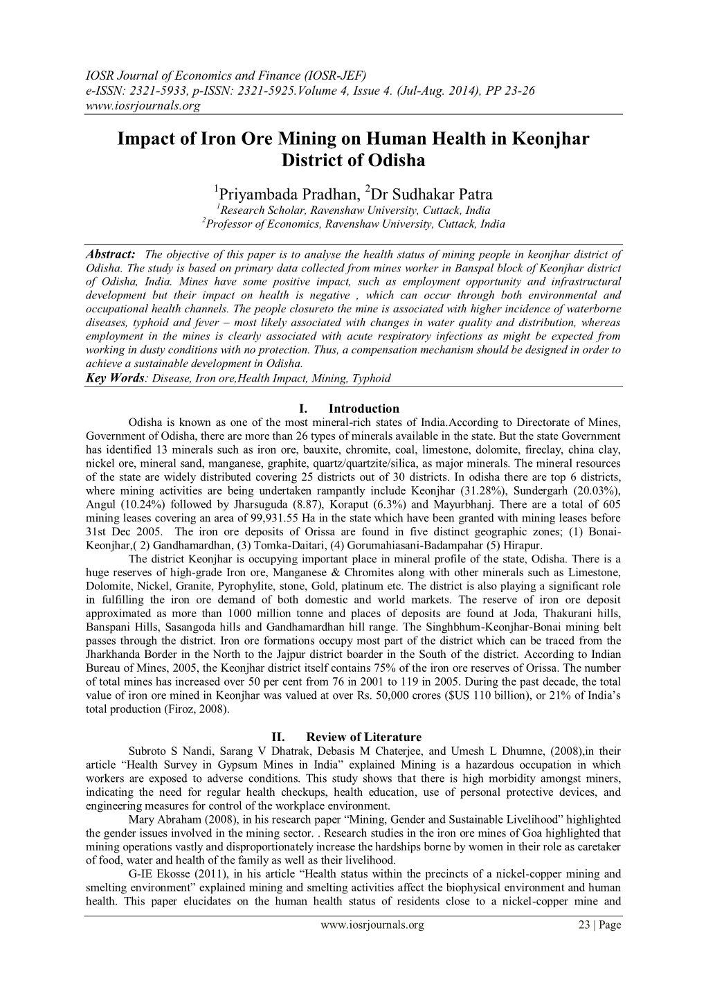 Impact of Iron Ore Mining on Human Health in Keonjhar District of Odisha