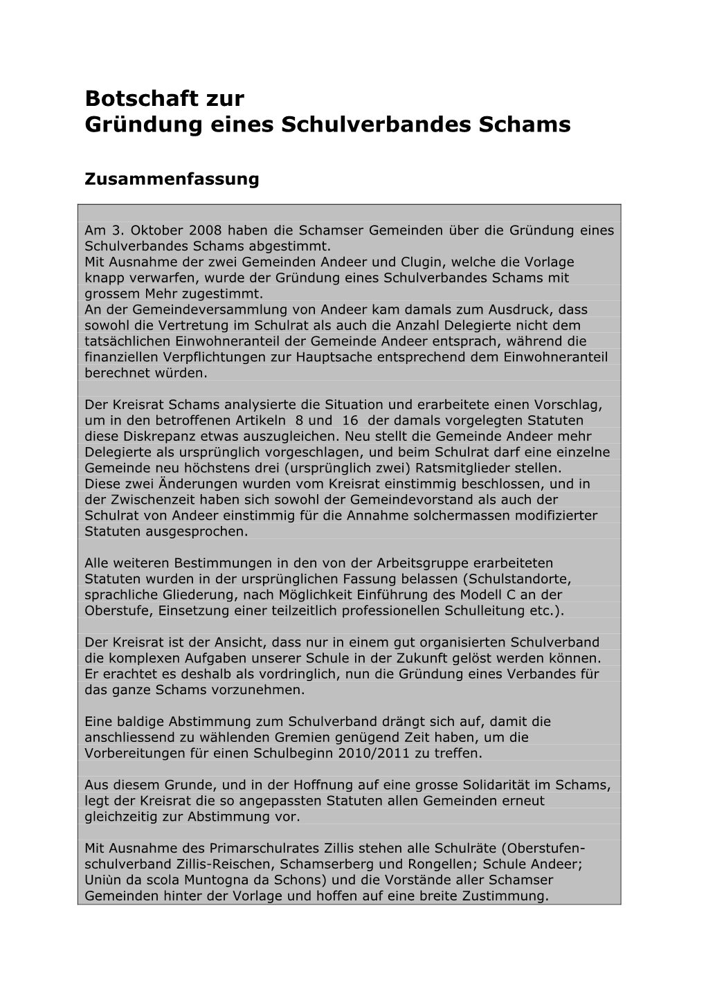 Botschaft Zur Gründung Eines Schulverbandes Schams