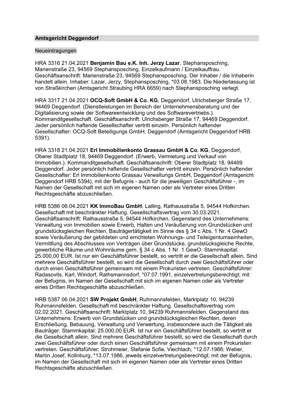 Amtsgericht Deggendorf Neueintragungen HRA 3316 21.04