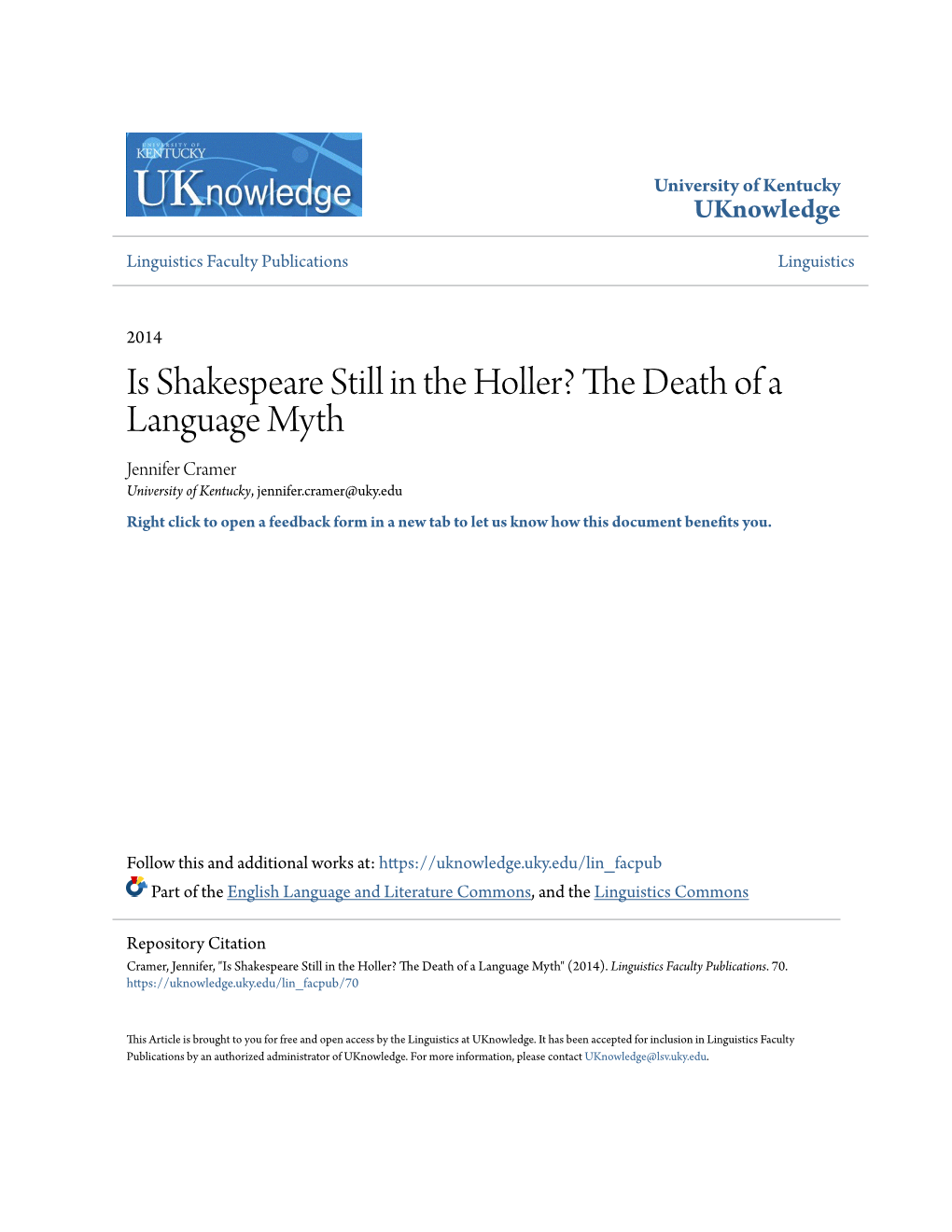 Is Shakespeare Still in the Holler? the Death of a Language Myth