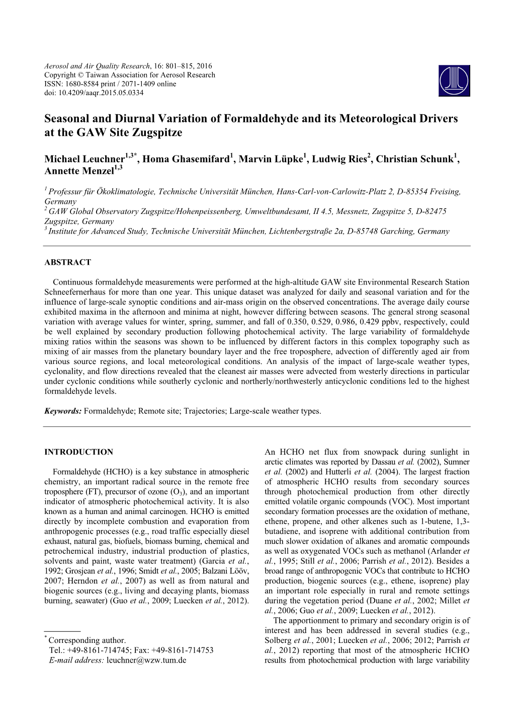 Seasonal and Diurnal Variation of Formaldehyde and Its Meteorological Drivers at the GAW Site Zugspitze