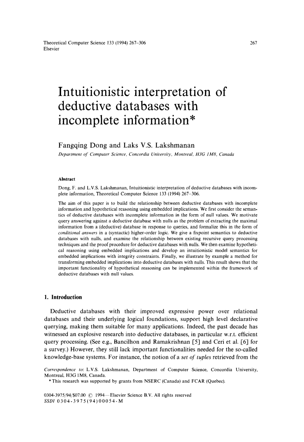 Intuitionistic Interpretation of Deductive Databases with Incomplete Information*