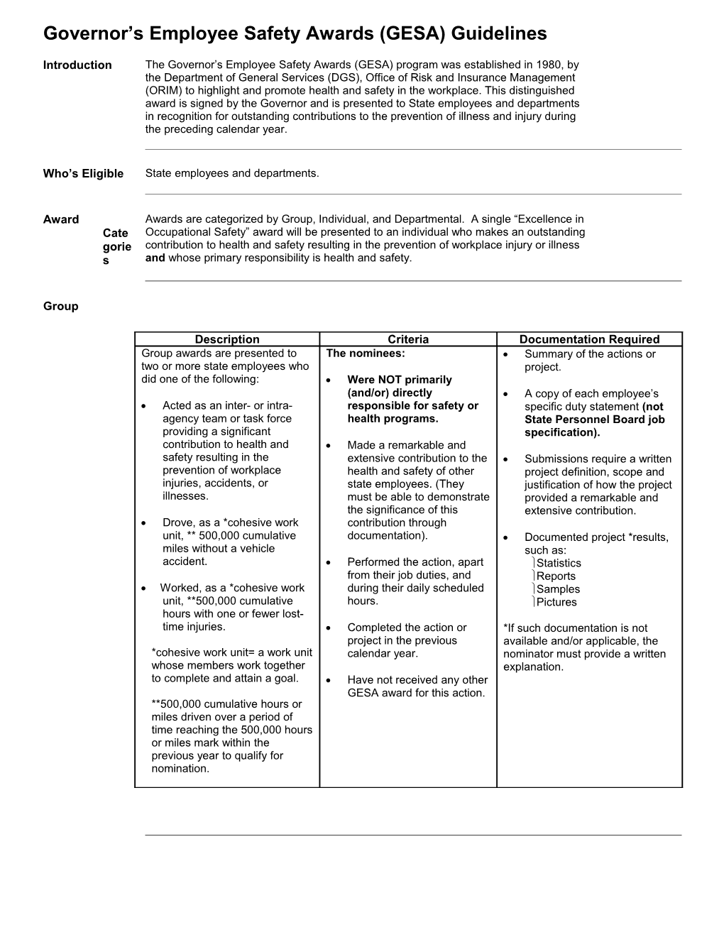 Governor S Employee S Safety Awards (GESA) Guidelines