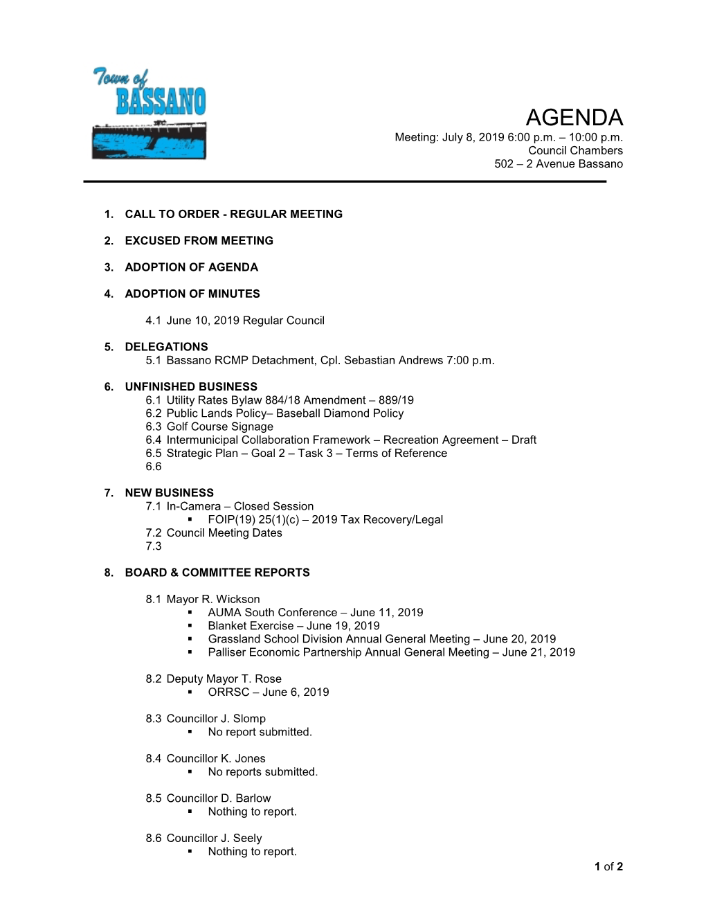2019-07-08 Regular Council Agenda